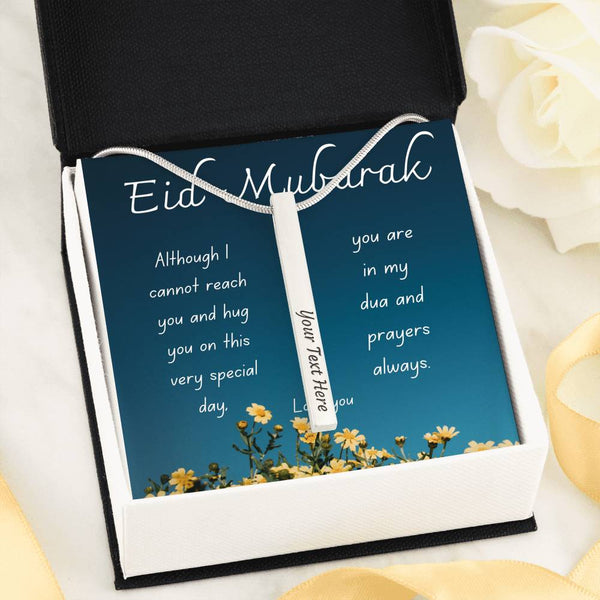 Far but in my prayers | Bar necklace for Eid with Message Card & Engrave Name, Date, and Message - MuslimwithMe